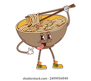 Personaje de fideos udon groovy retro de dibujos animados con palillos, comida japonesa cómica de Vector. Groovy udon tazón de fideos con cara funky y la lengua deliciosa tonta fuera sonrisa para el carácter de comida de dibujos animados japonés