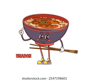 Caricatura retro groovy unadon donburi personaje con palillos, Vector comida japonesa. Cuenco estupendo de la cocina asiática de unadon o unagi donburi con la cara divertida para el carácter retro de la historieta de la comida japonesa