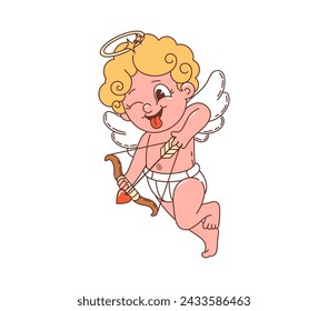 Caricatura retro groovy Valentine cherub cupido personaje con arco y flecha, vector de arte hippie de los años 70. Amour ángel niño que dispara con amor corazón flecha, cupido funky groovy para San Valentín de vacaciones o boda