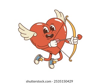 Personaje de corazón de ángel de querubín de San Valentín groovy retro de dibujos animados con arco y flecha de amor, personaje cómico de Vector. Carácter groovy del corazón en arte hippie o estilo funky groovie de los años 60 y 70 como ángel de San Valentín