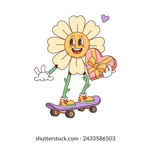 Cartoon retro groovy Valentine daisy flower character on skateboard, vector 70s hippie art. Funny groovy daisy flower in love with heart gift riding skateboard, Valentine day holiday or wedding emoji