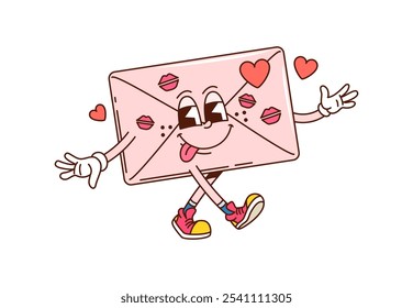 Caricatura retro groovy personaje del sobre del día de San Valentín con besos y corazones. El correo de vacaciones vintage de Vector aislado o el personaje de la carta experimentan alegría y afecto, símbolo romántico o mensaje de amor