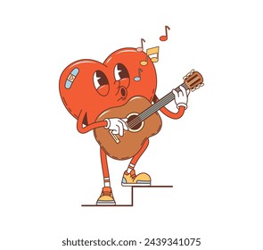 Cartoon retro groovy Valentine heart singer character with guitar, vector comic art. Happy heart in love singing serenade for Valentine holiday, 70s hippie or hipster groovy character of heart in love