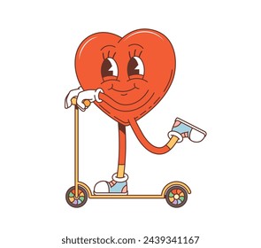 Cartoon Retro groovige Valentinsherz Figur auf Roller, Vektor Comic Art. Hippie oder Hipster. Glücklich lächelndes grooviges Herz in Liebe Reiten Roller, 70er Hippie oder Hipster Charakter für Valentinstag Urlaub