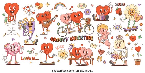 Cartoon retro groovy Valentine personagens do coração e símbolos em 70s arte hippie, personagens vetoriais cômicos. Engraçado corações groovy no amor em passeio de bicicleta, anjo com setas, bolo de casamento e arco-íris fita