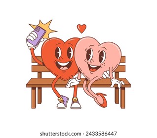 Cartoon retro groovy Valentine hearts couple characters making selfie on phone, vector 70s art. Happy hearts couple in love sitting on bench and make selfie photo on mobile phone for Valentine holiday