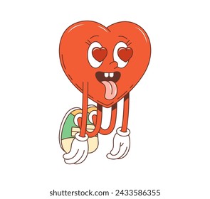 Cartoon retro groovy valentine lover character. Isolated vector vintage red heart personage fall in love with heart-shaped eye pupils and sticking tongue, exudes passion and lustful emotions