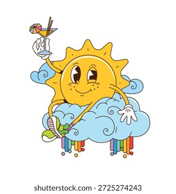 Cartoon retro groovy vetor sol personagem resfriando na nuvem com bebida de coquetel, gotejamento arco-íris, vibração cósmica funky e energia vintage alegre. Personagem retro hippie y2k cheio de calor, alegria e relaxar