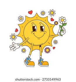 Cartoon retro groovy vector sun character smiling and holding a daisy flower, surrounded by hearts and blossoms. Vector cheerful sunny personage in sneakers expressing warmth, happiness, and love