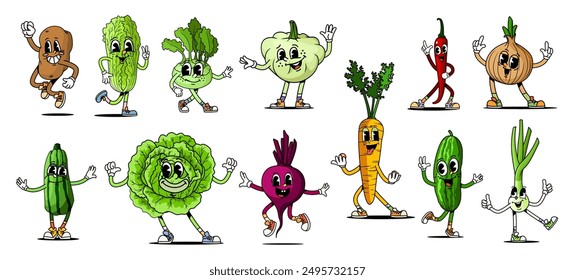 Cartoon retro groovy vegetable characters with cheerful and playful faces. Vector potato, cabbage, celery, broccoli and garlic. Carrot, red chili pepper, onion or cucumber, beet green onion, lettuce