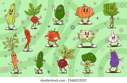 Cartoon retro groovy vegetable food characters. Cute farm tomato, carrot and broccoli, spinach, pepper and avocado vector personages. Groovy zucchini, cauliflower, radish and garlic veggies characters