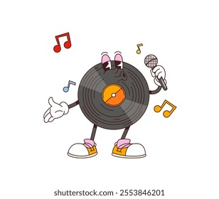 Cartoon retro groovy vinyl record character sings passionately with microphone and funky melody notes flying around, embodying soulful vibe of classic music. Isolated vector vintage musical personage