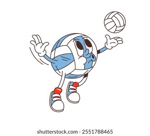 Cartoon retro groovigen Volleyball-Charakter in Action-Pose, serviert einen kleineren Volleyball mit einem fokussierten Ausdruck. Isolierte Vektorsport-Persönlichkeit fängt die Freude am Spiel ein und zeigt sportliche Stimmung