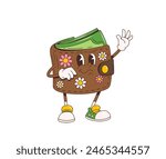 Cartoon retro groovy wallet purse character waving hand. Isolated vector hippie style anthropomorphic pouch personage with vibrant floral pattern, wide eyes, cheerful friendly smile and button clasp