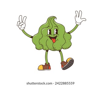 Cartoon retro groovy wasabi sauce character. Isolated vector green spicy paste swirl. Vibrant, playful condiment personage with a mischievous smile,, and lively, expressive eyes full of energy and fun