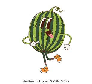 Caricatura retro groovy sandía fruta carácter. Personaje de fruta peculiar de Vector aislado con ojos expresivos, lengua pegajosa y cara sonriente, caminando alegremente, exudando vibraciones de verano hippie juguetón