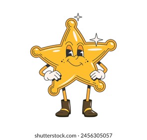 Cartoon retro groovy wild west sheriff star character gleam with confident swagger ready to uphold justice in the Western frontier. Isolated vector golden sheriff star badge personage with arms akimbo