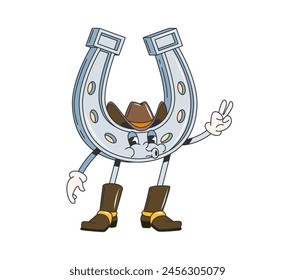 Cartoon retro groovy wild west horseshoe character. Isolated vector western steel horse shoe personage donning vintage cowboy hat and boots, showing peace gesture and whistle playful country melody