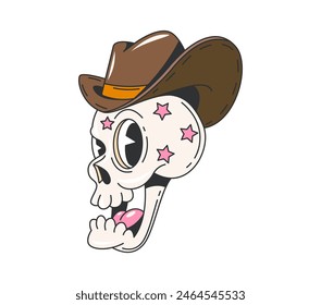 Cartoon retro groovy Wild West cowboy skull character, vector funky face. Groovy funny skeleton skull in cowboy hat with pink stars, 70s hippie comic character of Western Texas or Arizona art symbol