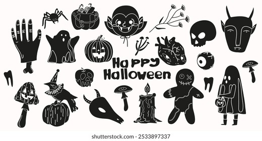 Cartoon retro Halloween black and white stickers. The holiday of the dead. Scary groovy vector flat set of silhouettes. Spooky elements for scrapbooking, cards and posters