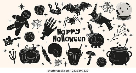 Pegatinas de Halloween en blanco y negro retro de dibujos animados. La fiesta de los muertos. Juego de siluetas de Vector escalofriante y aterrador. Elementos espeluznantes para scrapbooking, tarjetas y carteles