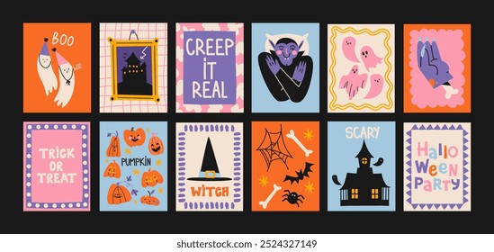 Cartoon Retro Halloween Poster Magie und Hexerei. 90er Jahre wilde magische Wand-Design. Vintage-Banner: Schädel, Kürbis, Hexe, Geister, Auge, Trank. Gruseliger, groovender Plakatsatz