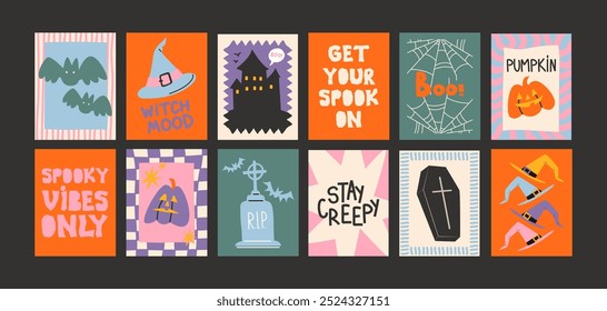 Cartoon retro halloween posters magic and witchcraft. 90s wild magic wall design. Vintage banners: skull, pumpkin, witch, ghosts, eye, potion. Scary groovy placard set