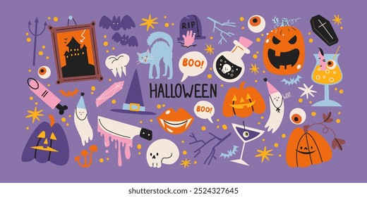 Cartoon retro halloween stickers magic and witchcraft. 90s wild magic wall design. Vintage banners: skull, pumpkin, witch, ghosts, eye, potion. Scary groovy shapes set