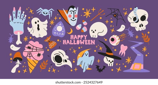 Cartoon retro halloween adesivos magia e bruxaria. Projeto de parede mágica selvagem dos anos 90. Bandeiras vintage: crânio, abóbora, bruxa, fantasmas, olho, poção. Conjunto de formas groovy assustadoras