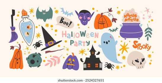 Cartoon retro halloween stickers magic and witchcraft. 90s wild magic wall design. Vintage banners: skull, pumpkin, witch, ghosts, eye, potion. Scary groovy shapes set