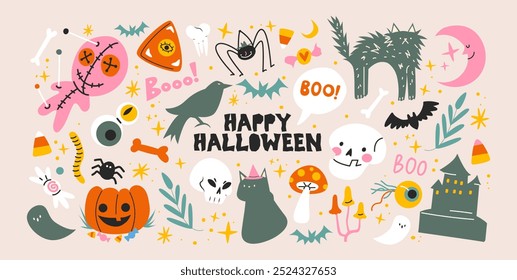 Cartoon retro halloween stickers magic and witchcraft. 90s wild magic wall design. Vintage banners: skull, pumpkin, witch, ghosts, eye, potion. Scary groovy shapes set