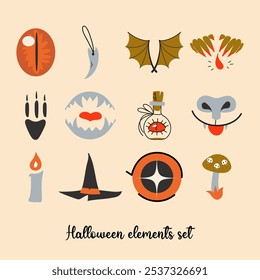 Conjunto de mágica y brujería de pegatinas de halloween retro de dibujos animados. Antiguas Elemento de miedo: cráneo, champiñón, bruja, colmillos, ojo, poción, vampiro