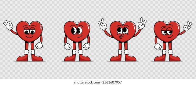 Cartoon retro heart characters. Cute love symbols with faces different poses hands and feet. Playful cheeky happy hearts in trendy retro comic style. Happy Valentines day