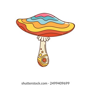 Cartoon retro hippie groovy psychedelic mushroom in 70s or 80s art, vector symbol. Groovy toadstool mushroom with psychedelic rainbow or hallucination flow in retro cartoon for hippie and rave sticker