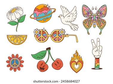 Cartoon retro hippie groovy symbols. Vector funky flower, rainbow heart and sunglasses with peace symbol. Vintage psychedelic butterfly, daisy, cherry and lemon fruits, planet, victory hand gesture