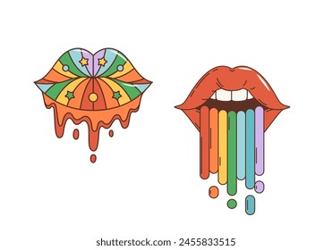 Dibujos animados retro hippie groovy mujer labios con lengua de arco iris, Vector 70 arte pop. Groovy beso labios con colores de arco iris líquido derretir goteos y estrellas, 1970 arte pop o hippie y hipster etiqueta engomada de dibujos animados