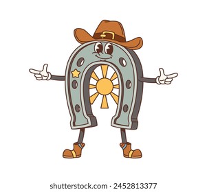 Cartoon retro horseshoe Wild West groovy character. Old american Western sheriff horseshoe vector personage with vintage cowboy hat and boots, golden star and sun. Groovy funky Western marshal emoji