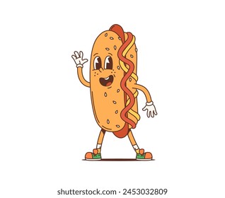 Cartoon retro hot dog groovy character or funky fast food, vector comic personage. Happy groovy hot dog sandwich with Hi greet hand gesture, 70s hippie or hipster funny fastfood in cartoon art