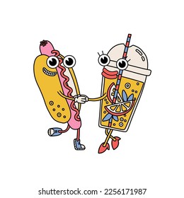 Cartoon retro hot dog and lemonade drink in plastic cup characters. Holding hands vintage mascots. Groovy couple in love. Valentine's day isolated concept. Contour vector illustration.