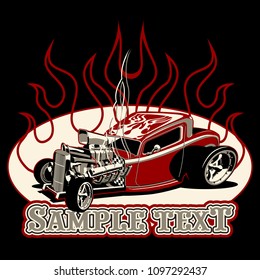 Cartoon retro hot rod isolated on black background. Template for  poster, banner, print for t-shirt, label, card.