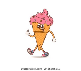 Cartoon retro ice cream cone groovy character or funky gelato dessert, vector comic personage. Happy groovy ice cream with thumb up hand gesture, 70s hippie or hipster art funny fast food character