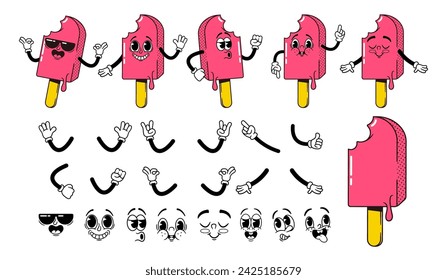 Cartoon Retro Ice Cream Groovy Character, Vector Construction Kit. Nostalgic Set For Creation Popsicle Personage