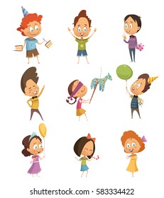 Cartoon Retro Icons Set Of Kids Dancing And Having Fun At Birthday Party Isolated On White Background Vector Illustration