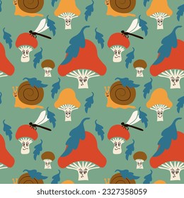 Cartoon retro kids seamless pattern with mushrooms. Groovy elements mushrooms, dragonflies, snails in minimalistic style with facial expression. Perfect for decoration, kids textile, wrapping