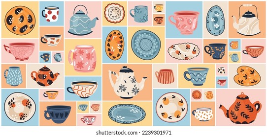 Cartoon retro kitchen collection with ceramic and porcelain teapot and mug for afternoon tea, kettle and coffee pot in geometric collage background. Cute vintage tableware set vector illustration.