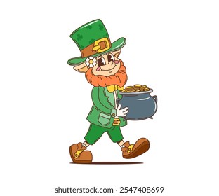 Cartoon retro leprechaun groovy character with pot of golden coins, Saint Patrick Day holiday vector personage. Funny leprechaun groovy character with shamrock on hat for Irish St Patrick Day holiday