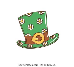 Sombrero de copa retro de leprechaun de dibujos animados para las vacaciones del día de San Patricio, símbolo irlandés de Vector. Sombrero del cilindro del duende con la hebilla de oro y el ornamento del modelo de la flor de la margarita para la celebración de la fiesta del día de San Patricio