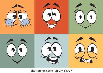 Cartoon retro line art style characters faces set. Vector graphic design illustration element