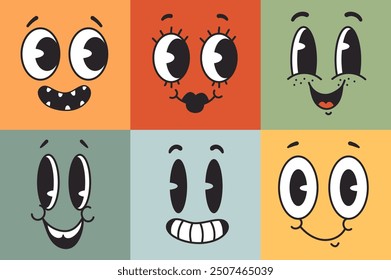 Cartoon retro line art style characters faces set. Vector graphic design illustration element