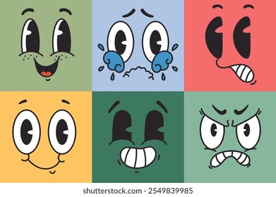 Cartoon retro line art style characters faces set. Vector graphic design illustration element